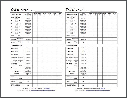 Yahtzee Score Sheets